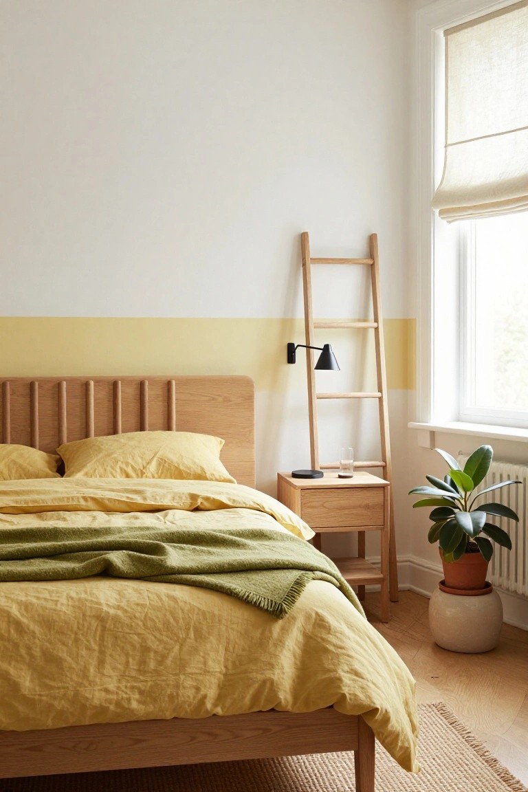 Bedroom corner featuring a wooden slatted headboard bed with yellow linen bedding and green throw, oak nightstand, ladder shelf on wall with yellow painted lower section, potted plant, and window with beige blinds.
