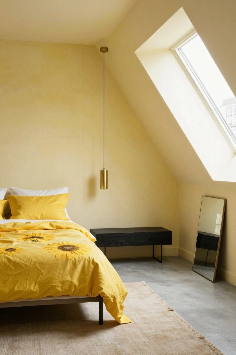A bedroom with pale yellow walls and sloped ceiling, yellow sunflower-patterned duvet on the bed, white and yellow pillows, brass pendant light, black bench, and tall mirror near concrete floor and rug.