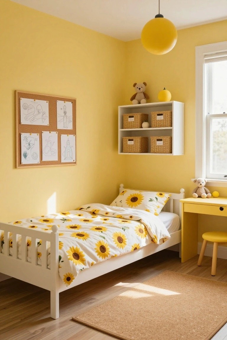 A child's bedroom featuring pale yellow walls, a white single bed with sunflower-patterned bedding, a yellow desk and stool, white shelves with baskets and toys, a corkboard with drawings, and a yellow pendant light hanging from the ceiling.