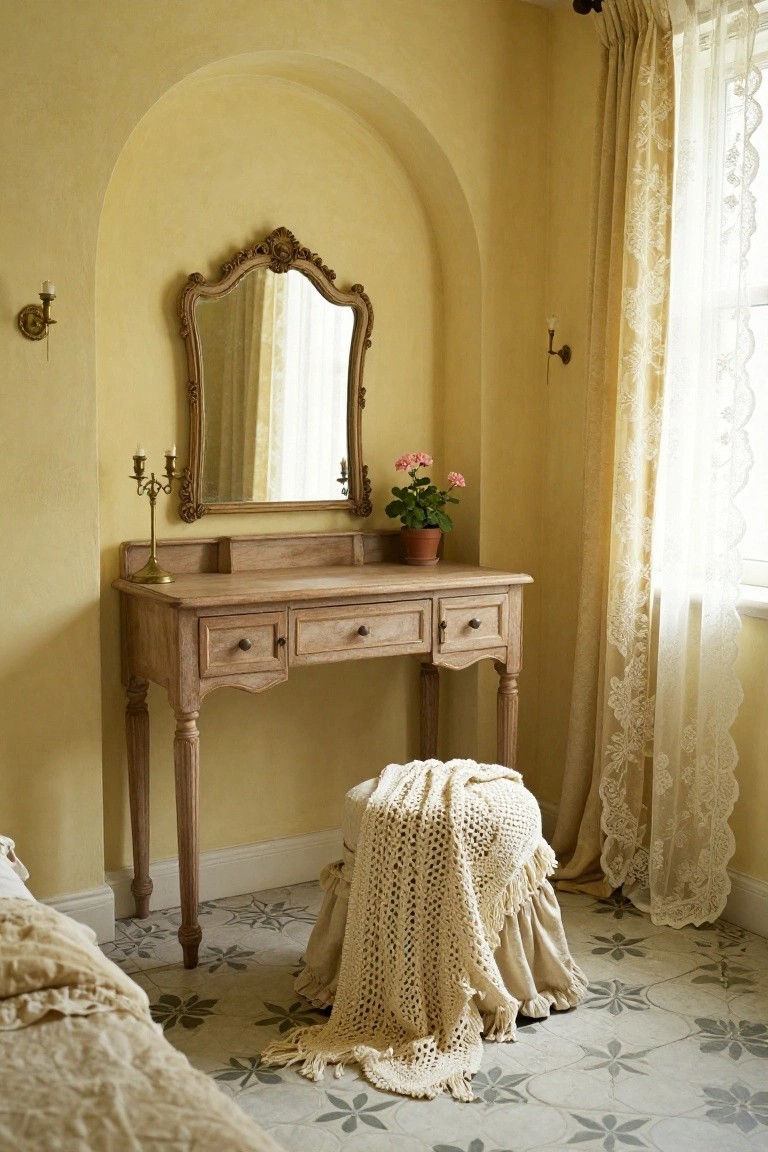 Pale yellow bedroom corner with arched niche, wooden vanity table, ornate gilded mirror, brass candelabras, potted pink flowers, stool draped in white knitted throw, lace curtains at window, and tiled floor with starburst pattern.