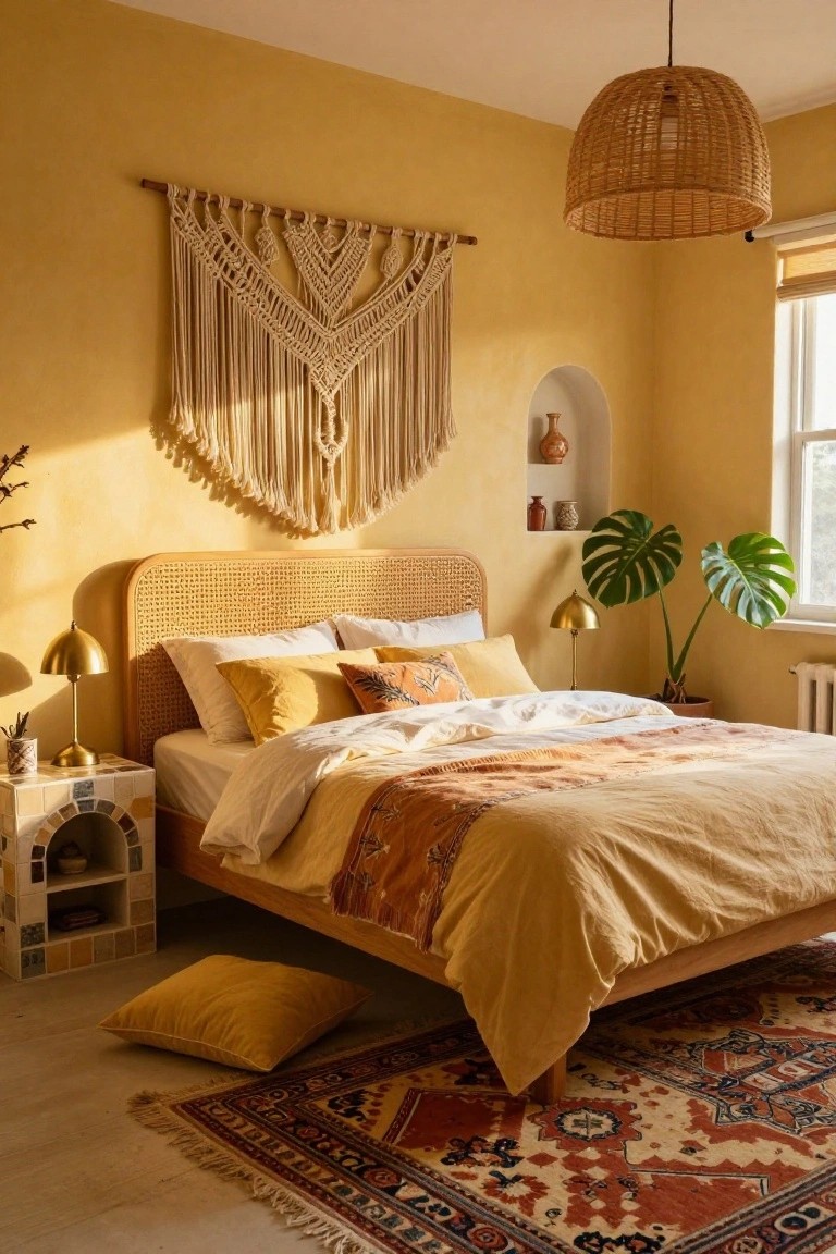 Bedroom with mustard yellow textured walls, rattan headboard bed dressed in white and yellow linens, large macrame wall hanging, two monstera plants, gold lamp on arched tiled side table, woven rattan pendant light, and red and cream patterned rug.