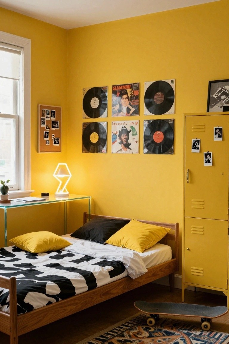 A cozy bedroom with vibrant yellow walls displaying multiple framed vinyl records and posters, a wooden bed with black and white patterned duvet and yellow pillows, a glass desk with neon lamp, yellow metal locker with photos, and a skateboard on an oriental rug.