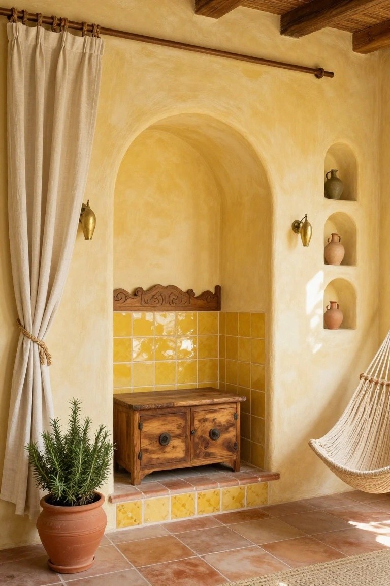 Sunlit yellow alcove with arched niche, wooden cabinet, pottery, and hammock.