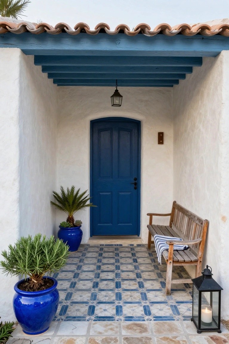 Hacienda entry porch with white stucco walls, cobalt blue wooden door, blue-painted wooden beams overhead, blue ceramic pots with plants, wooden bench with blue and white towel, blue and white tiled floor, and lantern light.