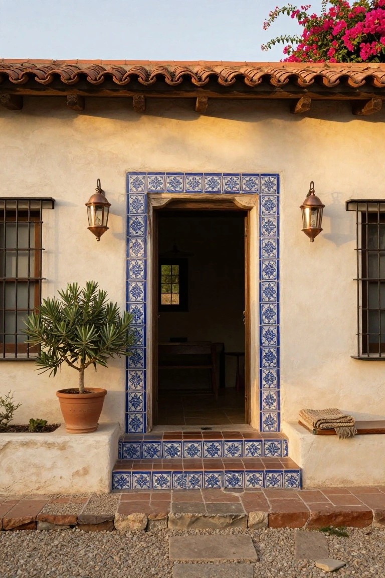 Hacienda-style adobe house exterior with wooden door framed by blue patterned tiles, iron-grilled windows, copper lanterns, potted yucca plant, terracotta steps, and gravel ground.