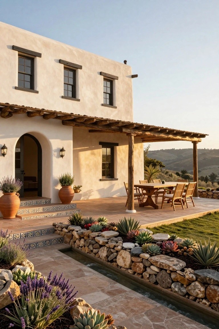 Beige stucco hacienda exterior with dark wooden beam porch sheltering an outdoor wood dining table, arched front door, potted plants on steps, and stone-bordered succulent garden along a tiled pathway.