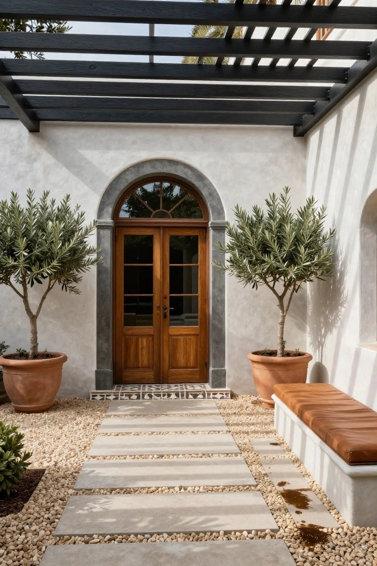 White stucco hacienda entry with arched wooden double doors flanked by olive trees in terracotta pots, pebble and concrete paver path leading to a leather bench under a black pergola.