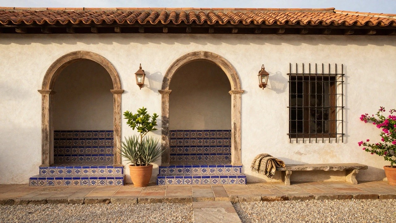 Hacienda-style adobe house exterior with wooden door framed by blue patterned tiles, iron-grilled windows, copper lanterns, potted yucca plant, terracotta steps, and gravel ground.