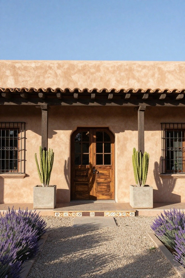 Tan adobe house exterior featuring wooden double doors, grilled windows, potted cacti flanking the entry, lavender beds bordering a gravel path, wooden porch beams, and terracotta roof tiles under a clear blue sky.