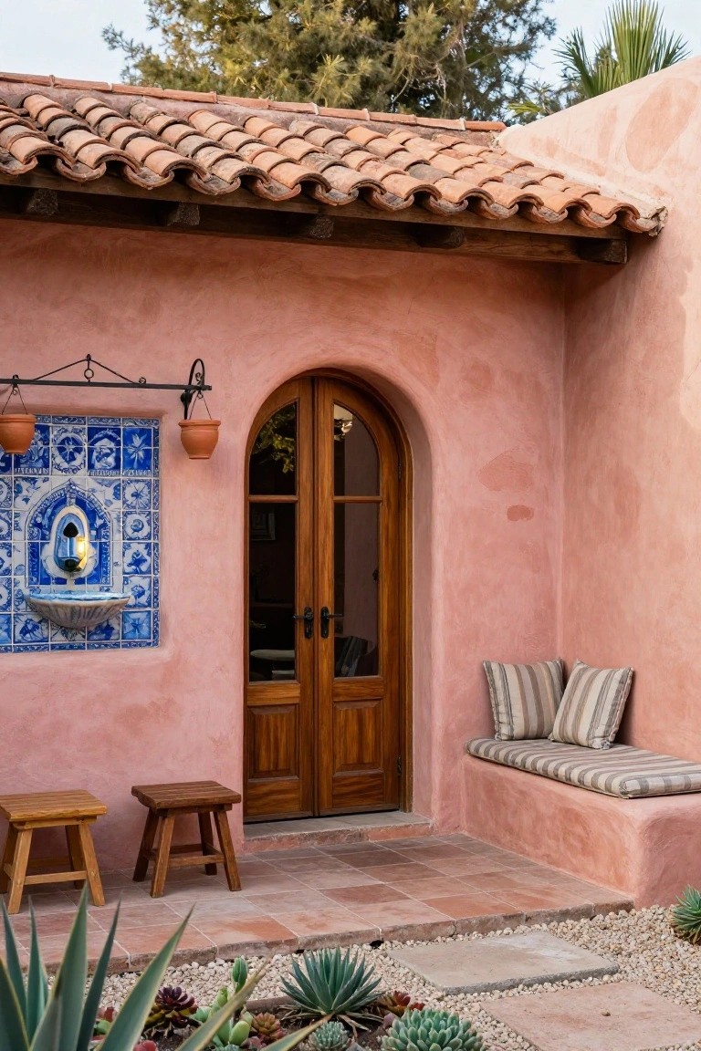 Pink stucco hacienda-style house exterior with arched wooden double doors, blue tiled wall fountain with lanterns, built-in bench with cushions, two wooden stools, terracotta tile entry, and gravel garden bed with succulents and agave plants.