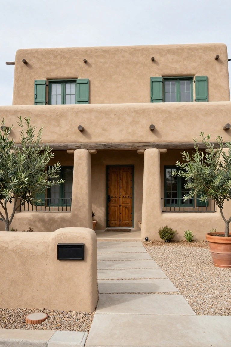 Two-story tan stucco house with rounded adobe edges, green shutters on windows, wooden front door under a covered porch supported by columns, flanked by olive trees, gravel yard, and potted plants.