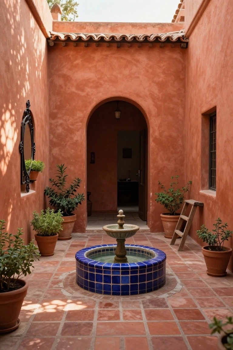 Hacienda-style courtyard featuring pinkish terracotta walls, arched entry, terracotta tile floor, central stone fountain with blue tiled basin, and assorted potted plants.