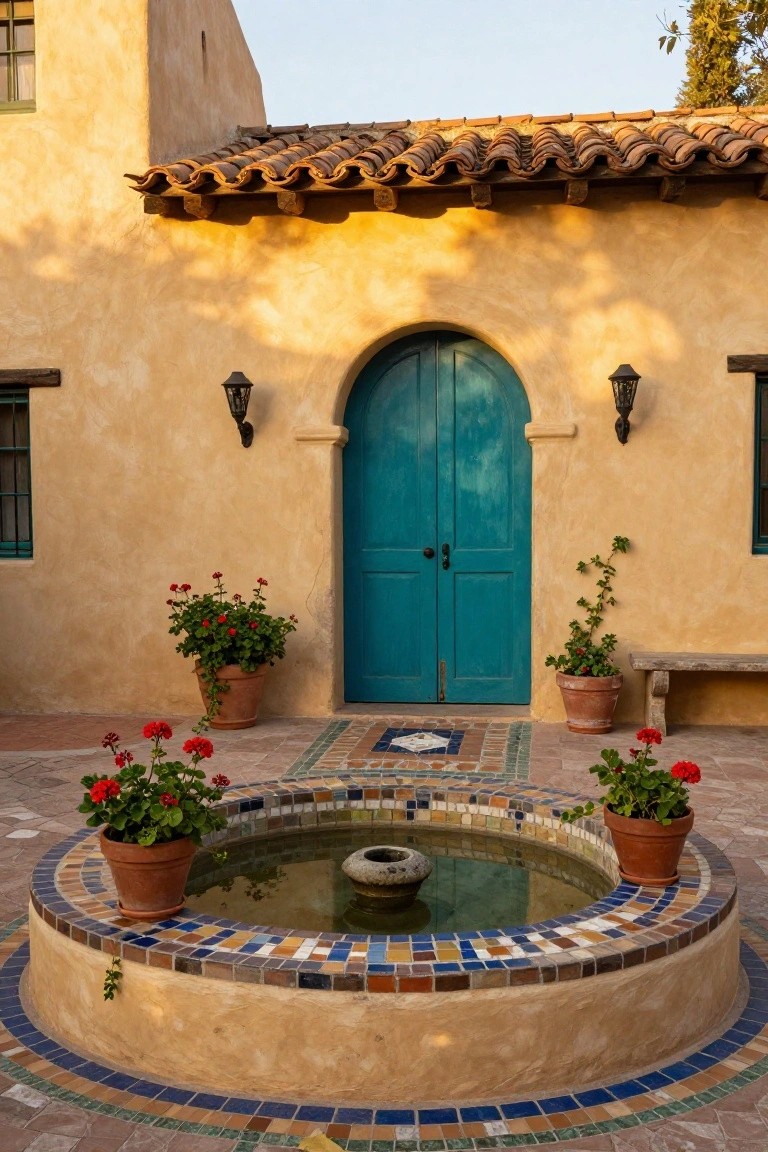 Beige adobe hacienda wall with arched turquoise wooden door centered between lanterns, potted red geraniums on either side, and circular tiled fountain with plants in foreground.