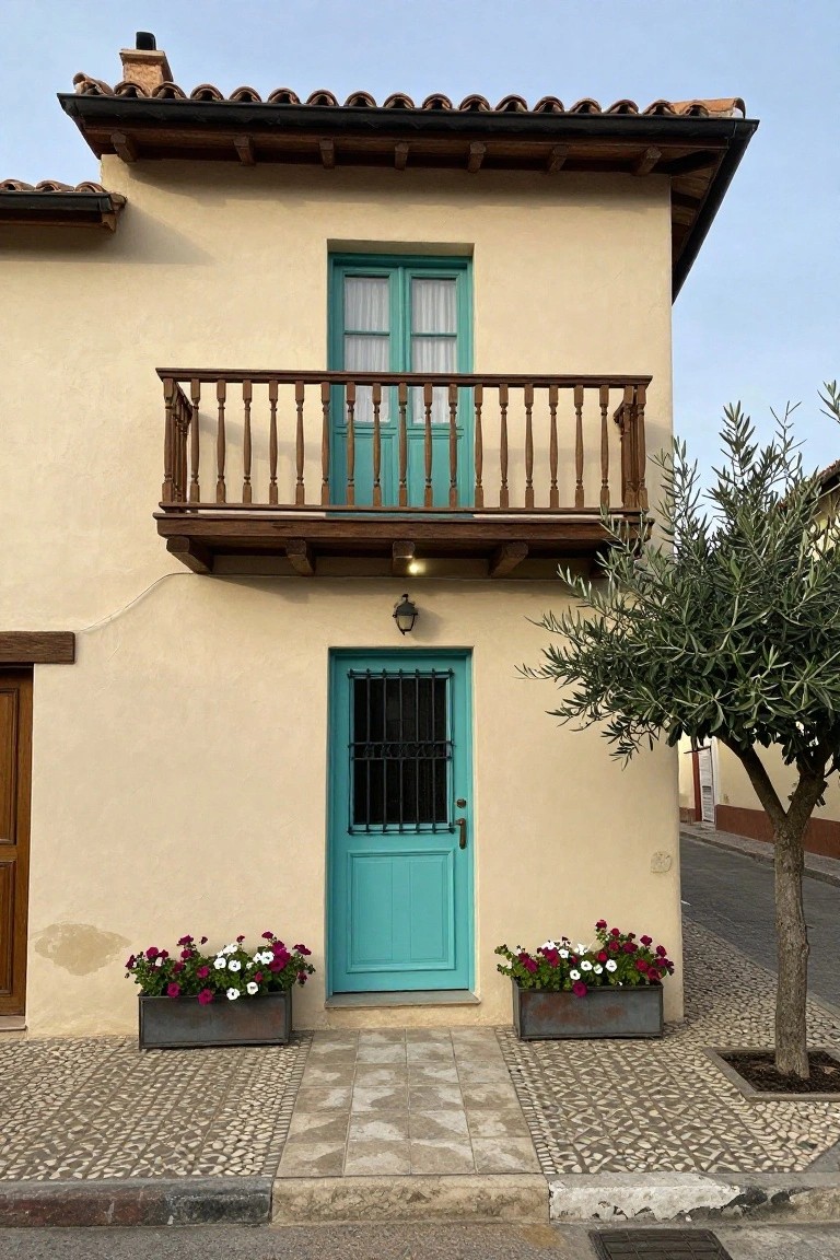 Beige stucco hacienda house with turquoise front door featuring wrought iron grille, matching balcony window and rail, terracotta tile roof, flower planters on either side of entry, olive tree, and cobblestone pavement.
