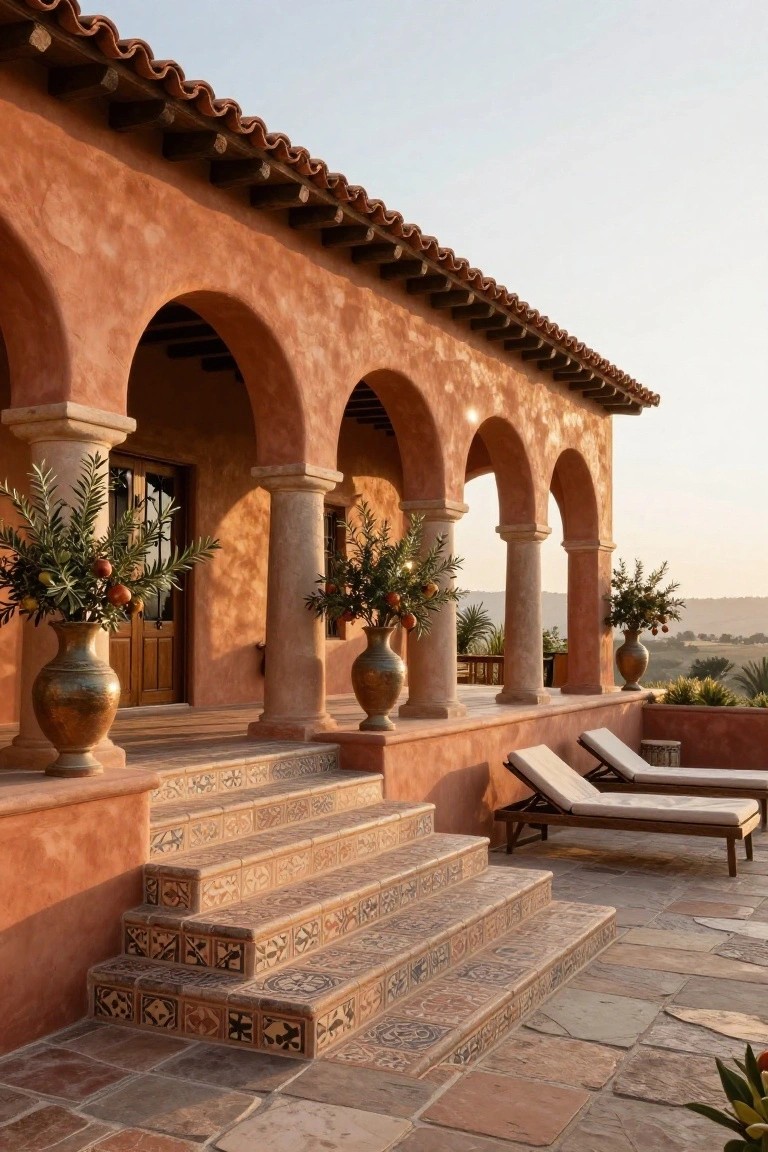 Side exterior view of a hacienda-style house with terracotta stucco walls, terracotta tile roof, beige stone arches around a wooden door, large copper pots with olive branches, colorful tiled steps, lounge chairs on a patio, and distant hills at sunset.