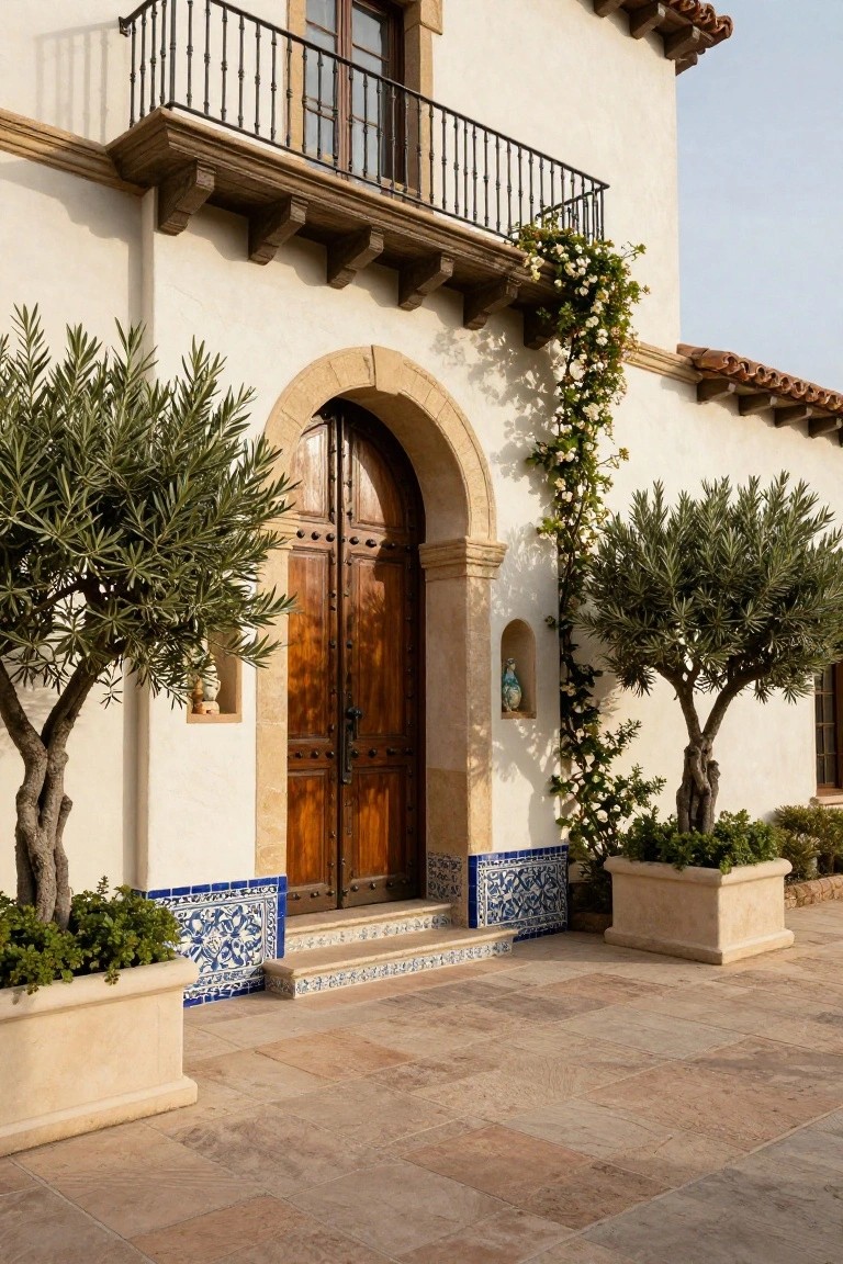 White stucco hacienda exterior with arched wooden double doors, blue tiled steps and base, olive trees in stone planters, climbing white roses on the wall, and a balcony above.