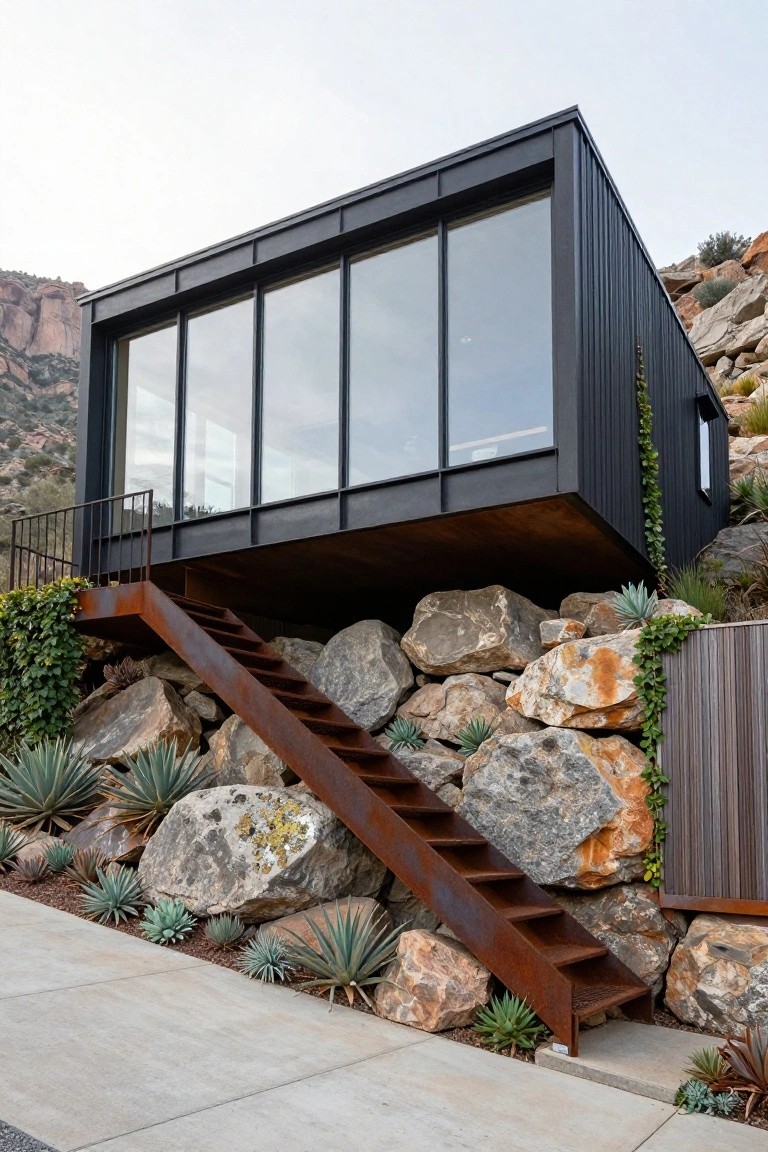 Black rectangular metal house with large glass windows elevated above large boulders on a rocky slope, accessed by a rusted metal staircase surrounded by agave plants and ivy, with mountains in the background.