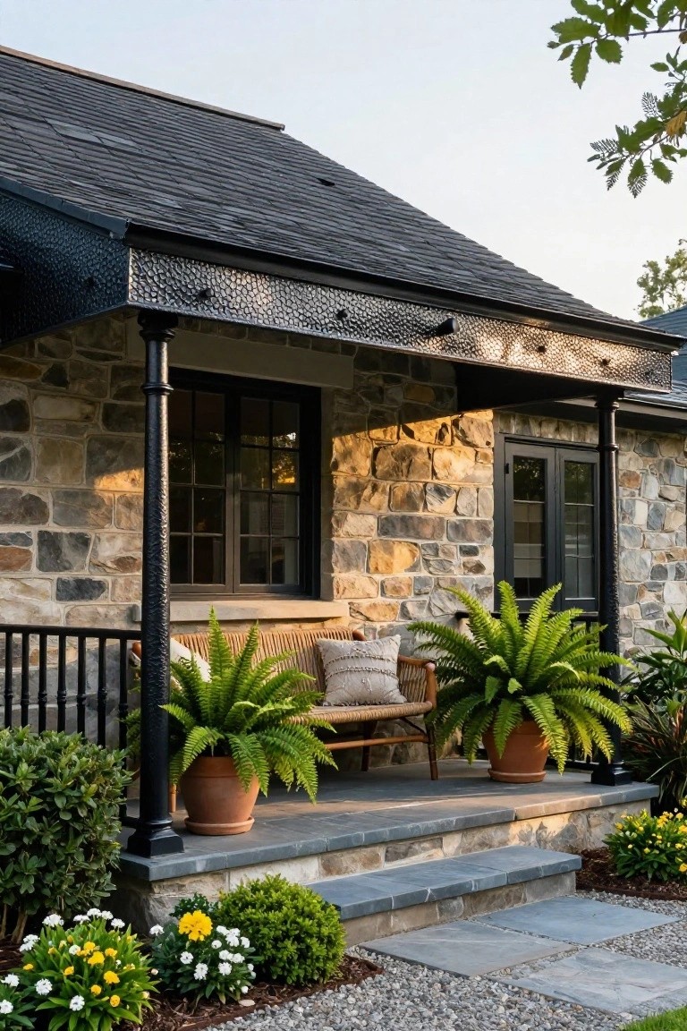 Front porch of a stone house with black metal roof, textured eaves, columns, railing, wooden bench with pillows flanked by large potted ferns, stone steps, and surrounding landscaping.