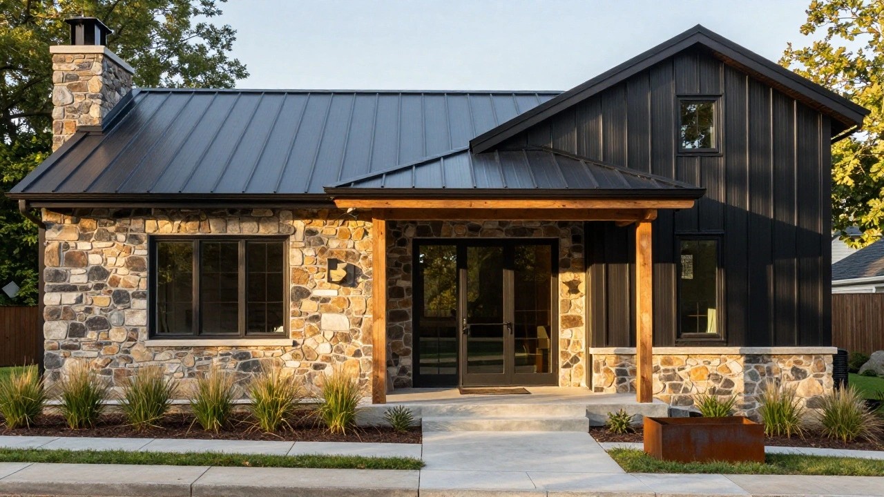 Exterior of a single-story house with black vertical metal siding, dark gray standing-seam metal roof, stacked stone wall around a glass entry door, wooden porch beam, wall lanterns, and low planting beds with grasses along a concrete path.