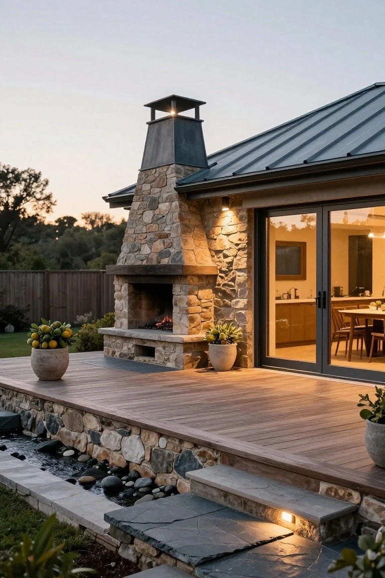 Exterior of a house with standing-seam metal roof and tall stone-clad outdoor fireplace on a wooden deck next to black-framed glass sliding doors to the kitchen, with potted plants, a small rock-lined water feature, and steps leading to grass.