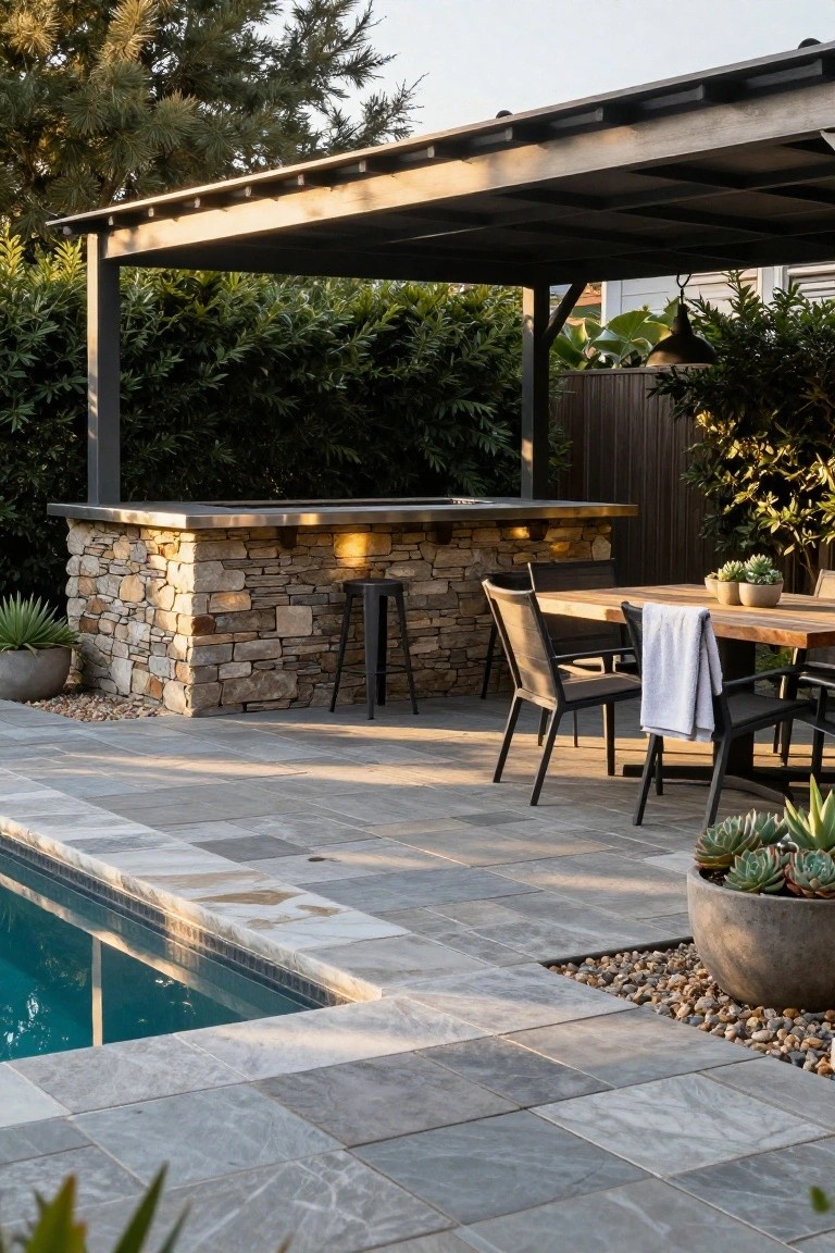Outdoor patio area with a stone-clad bar countertop under a black metal pergola, a wooden dining table with chairs and a towel draped over one, potted succulents, pebble mulch, and an adjacent in-ground swimming pool edged in gray tiles.