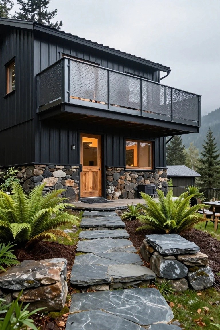 Modern black cabin with stone base, balcony, and slate pathway through ferns.
