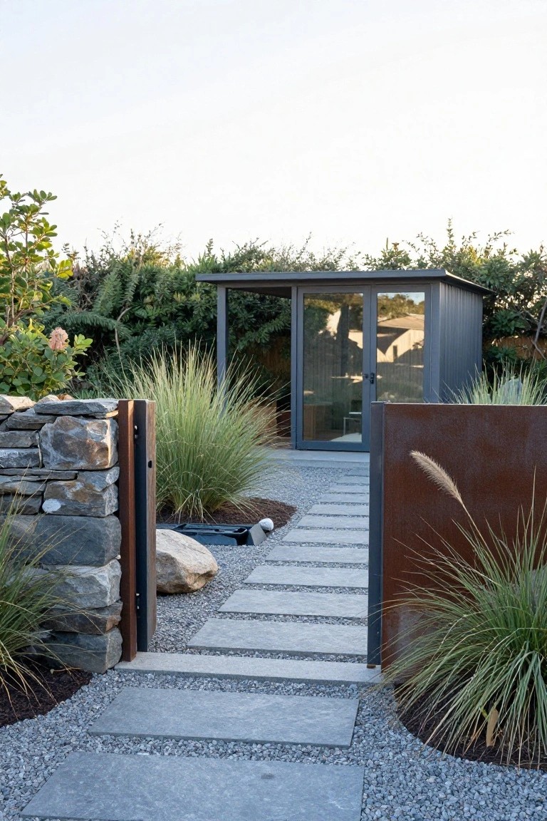 Gravel pathway with stone pavers leading through an open metal gate in a stone wall beside a rusted metal panel to a small gray shed with glass doors, edged by tall grasses and shrubs.