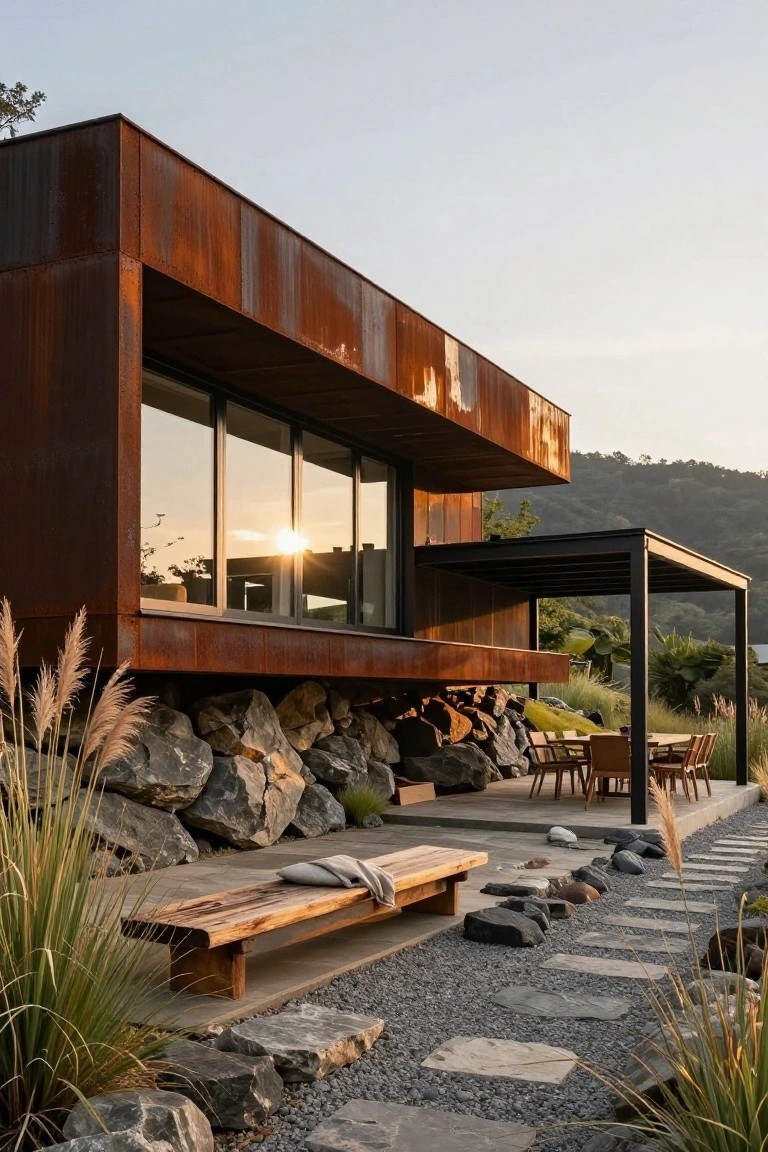 Contemporary house exterior with weathered rusted metal panels elevated on large stacked rocks, large sliding glass windows, wooden bench on gravel patio, stone stepping path, pampas grass, outdoor dining table under black metal pergola, and hillside backdrop at sunset.