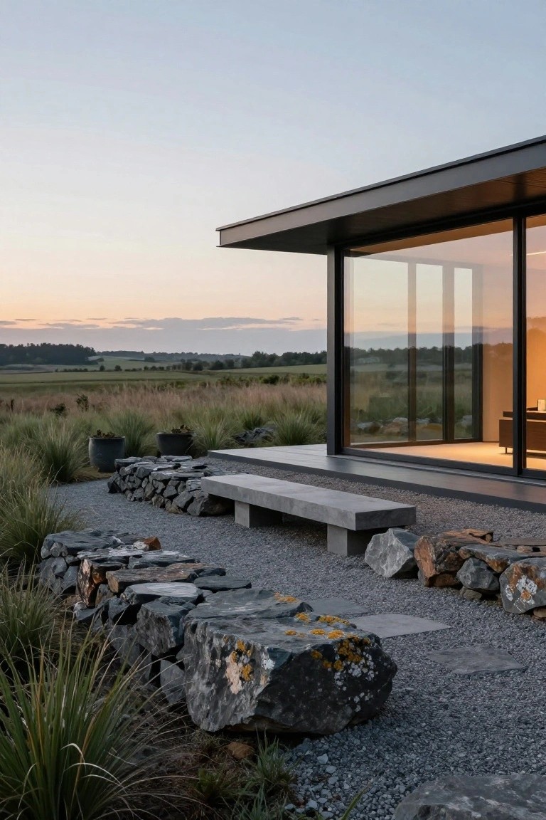 Exterior of modern black metal house with cantilevered roof, large glass sliding doors, concrete bench, ornamental grasses, stacked rocks, and boulders on gravel ground at dusk with fields in background.