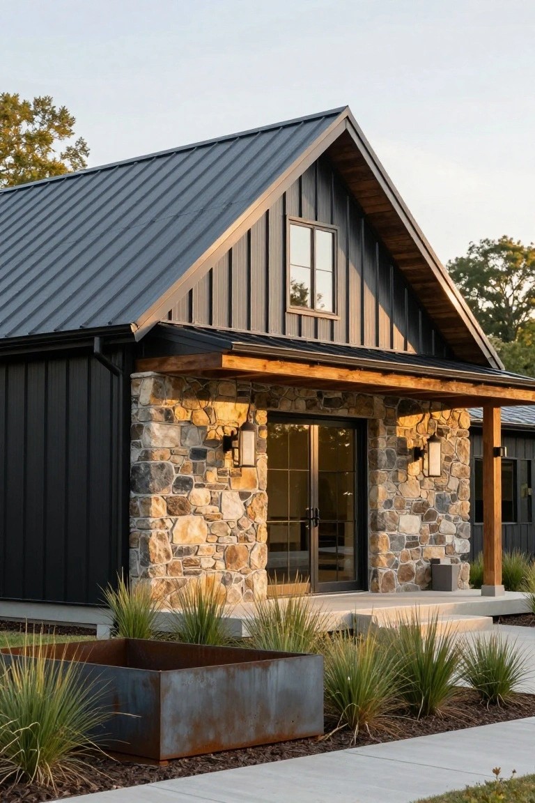Exterior of a single-story house with black vertical metal siding, dark gray standing-seam metal roof, stacked stone wall around a glass entry door, wooden porch beam, wall lanterns, and low planting beds with grasses along a concrete path.
