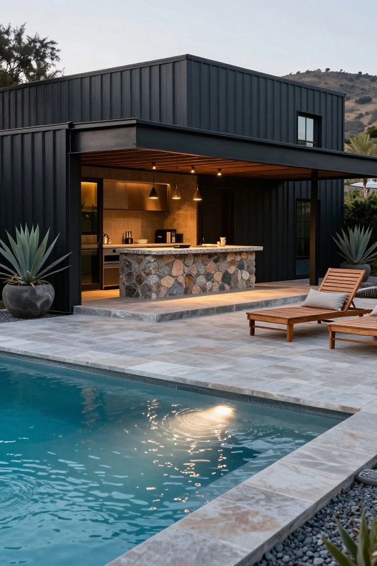 Black metal-sided house with open outdoor kitchen bar clad in irregular pebbles, overlooking a turquoise pool on tiled patio with wooden lounge chairs, agave plants, and hillside backdrop.