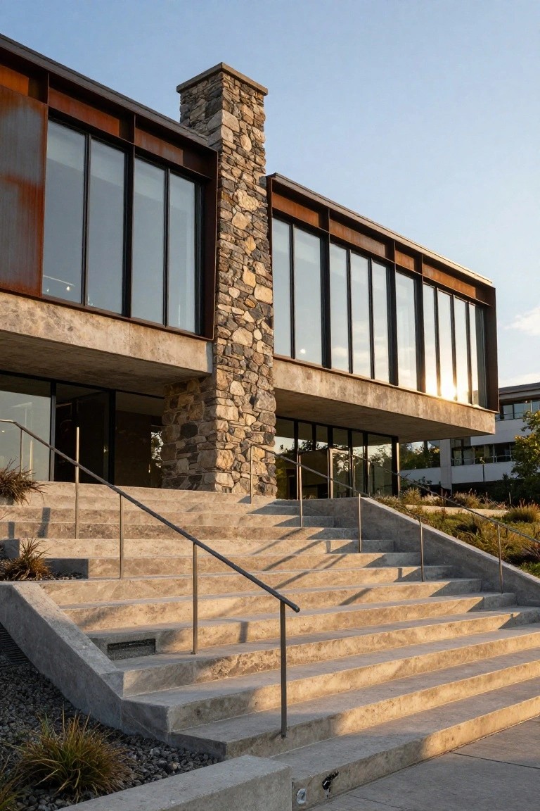 Modern house exterior featuring rusted metal cladding, a tall stacked stone chimney, large glass windows, concrete stairs with metal railings, and low landscaping at the base.