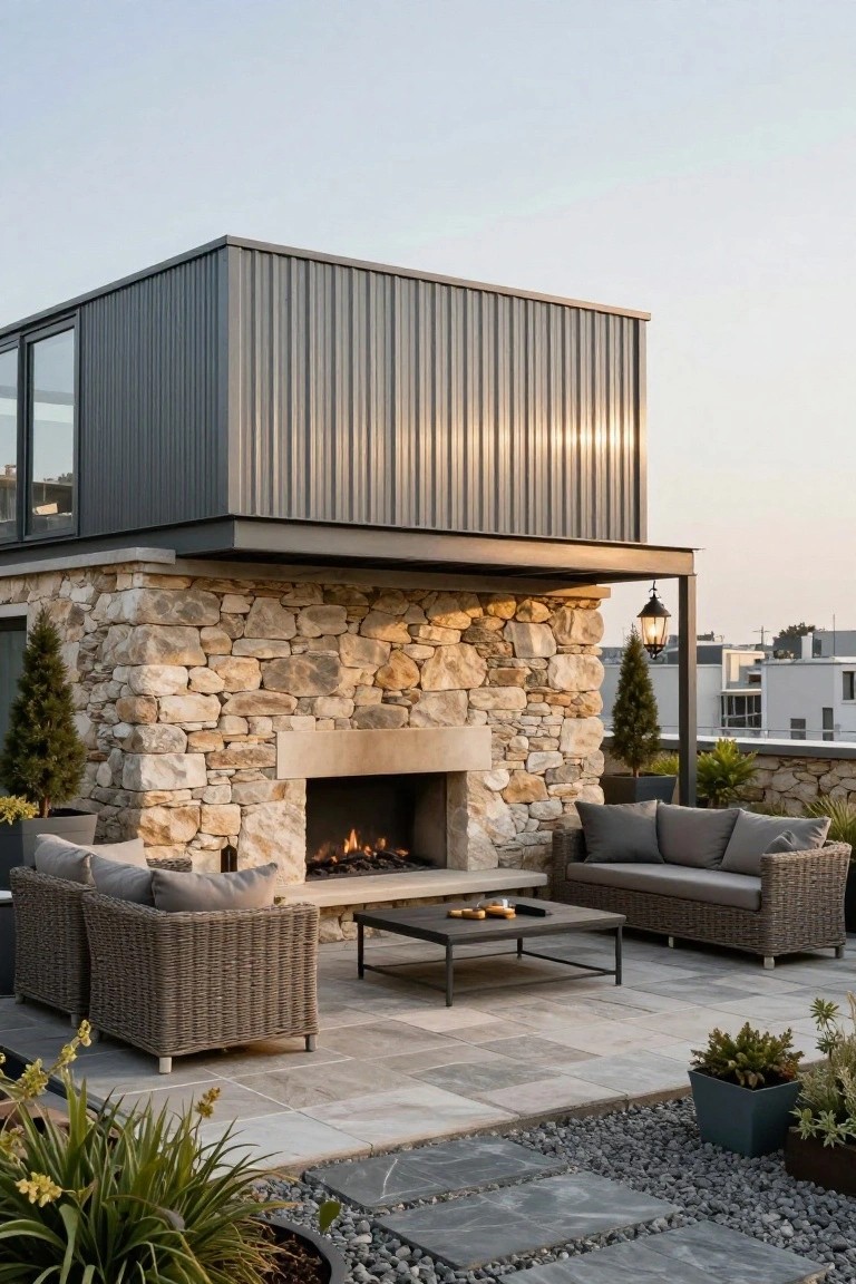 Rooftop terrace with a lit gas fireplace built into light stone walls, two gray woven outdoor sofas facing it across a low metal table, under a gray corrugated metal pavilion with windows, potted plants and gravel paths nearby.