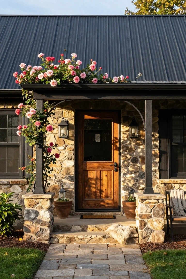 Front view of a house exterior with dark metal roof, stone walls and pillars supporting a covered porch, wooden double door, climbing pink roses, lanterns, potted plants, bench, and stone path.