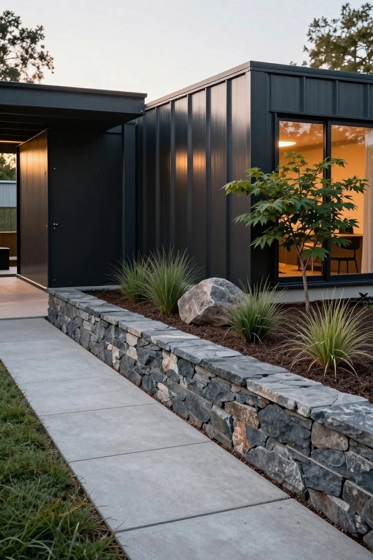 Side exterior of a dark metal-paneled modern house with a low dry-stacked stone retaining wall along a concrete path, planted with grasses and a large boulder, next to a lawn and trees at dusk.