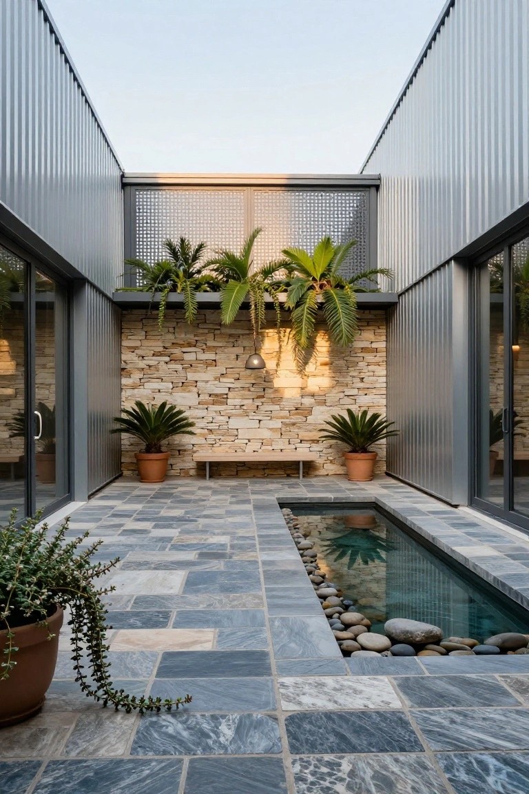 Narrow outdoor courtyard enclosed by tall gray corrugated metal walls on both sides, a textured sandstone feature wall at the end with potted palm plants and a hanging lantern, a wooden bench nearby, a slender rectangular reflecting pool lined with pebbles, and potted plants on irregular blue-gray slate tile flooring.