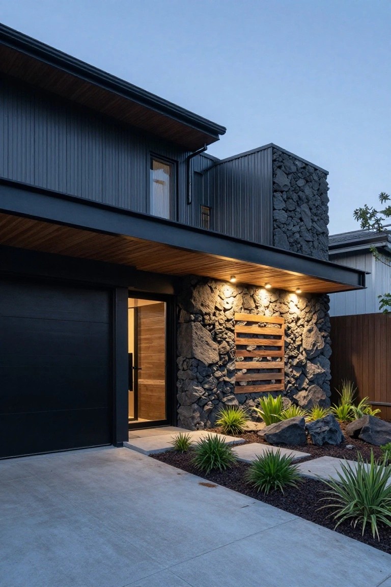 Modern house exterior at dusk with dark corrugated metal siding, tall stone wall around glass entry door and black garage, wooden slatted screen on stone, timber overhang, and low native plants along concrete driveway.