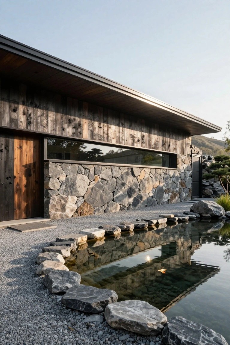 Exterior side of a modern house featuring charred wood vertical siding, stacked irregular stone walls, a wooden entry door, slim horizontal window, black metal accents, and a curved stone-edged pond with gravel path in front.