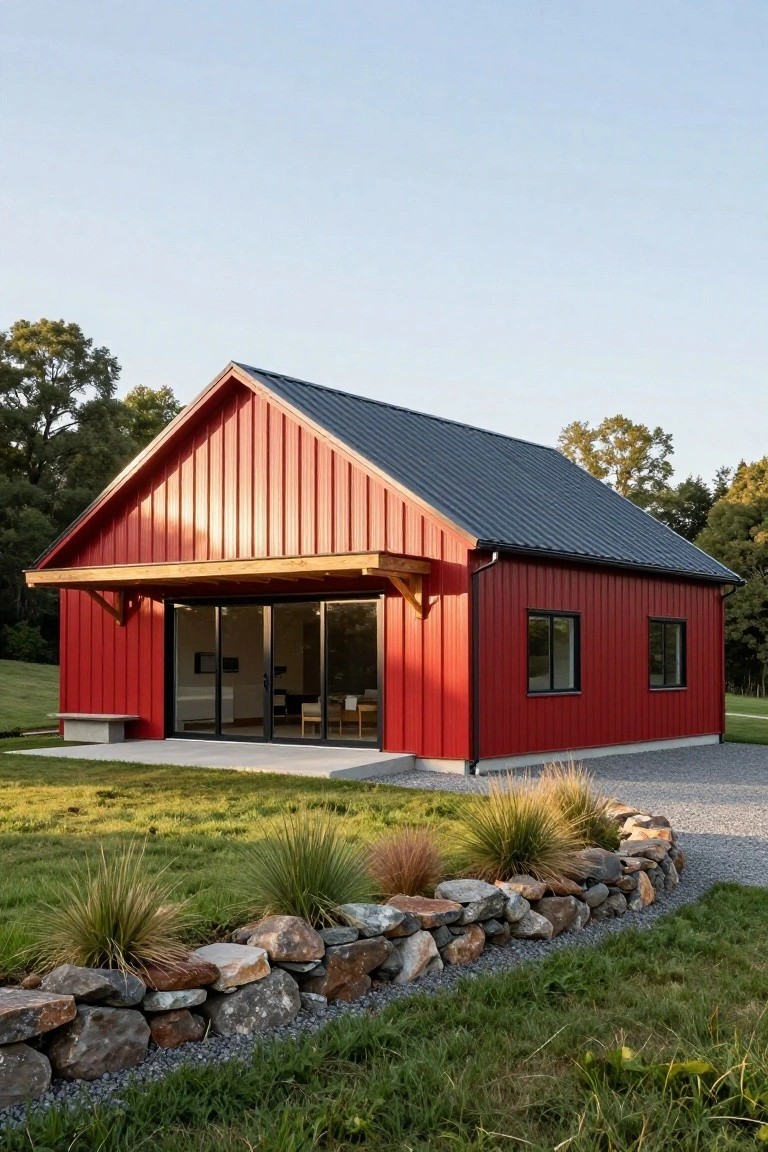 Red vertical corrugated metal-sided gabled building with black metal roof, wooden porch overhang and supports, large black-framed sliding glass doors opening to interior, red bench outside, gravel pad, stone retaining wall edged with ornamental grasses, lawn, and trees.