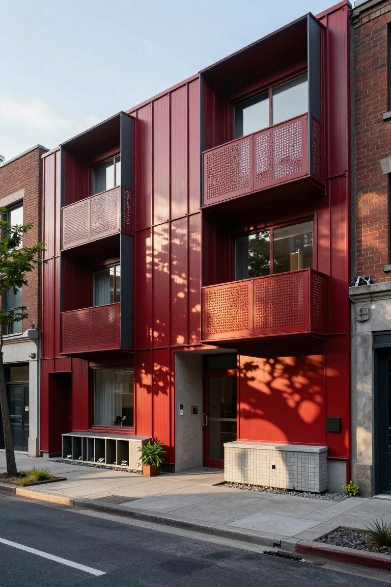 A three-story house clad in red corrugated metal panels with black-framed windows and perforated red metal balconies, next to brick row houses, including a ground-level bench and entry door.