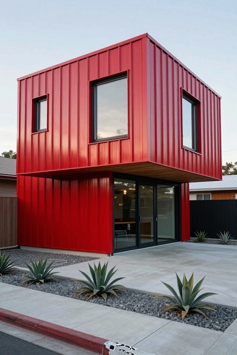 Cube-shaped two-story house clad in red corrugated metal siding with narrow black-framed windows, a wooden cantilevered overhang, large glass entry doors, black fence, agave plants, gravel mulch, and concrete paving in front yard next to sidewalk.