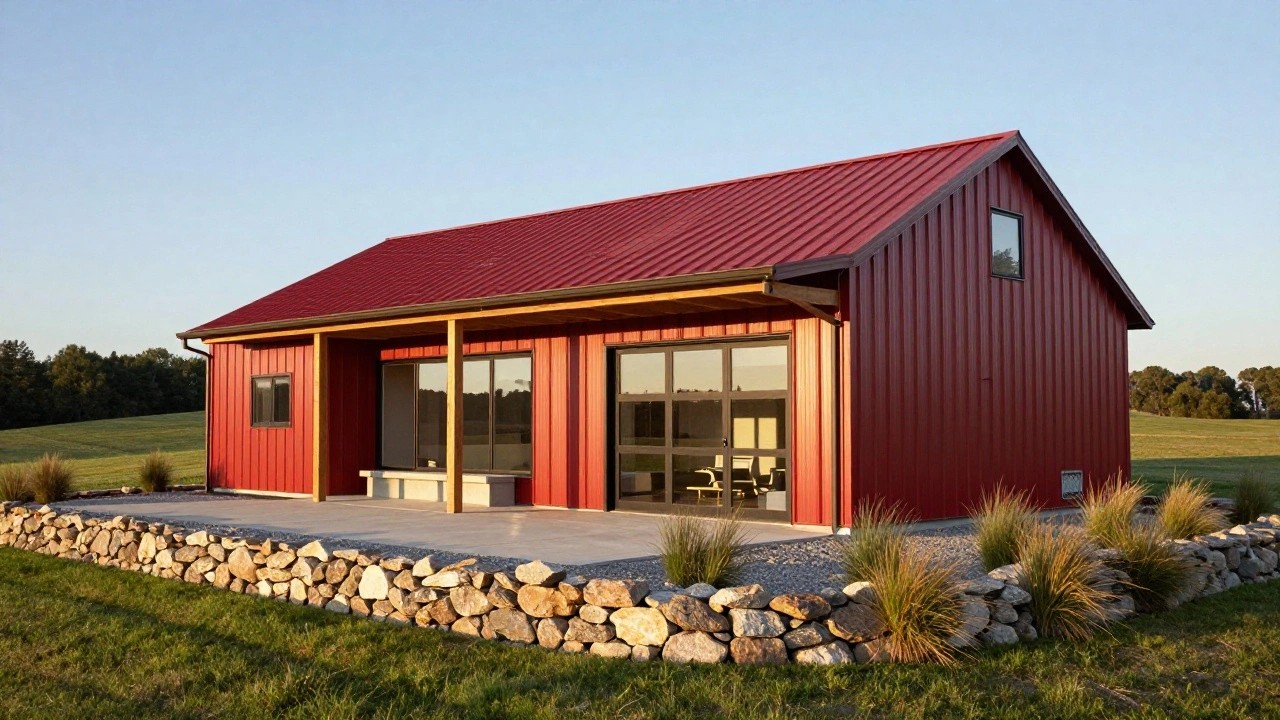 Red vertical corrugated metal-sided gabled building with black metal roof, wooden porch overhang and supports, large black-framed sliding glass doors opening to interior, red bench outside, gravel pad, stone retaining wall edged with ornamental grasses, lawn, and trees.