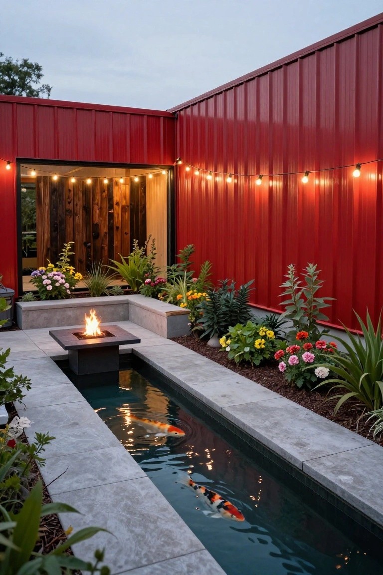 Narrow outdoor patio with central square fire pit table and surrounding concrete bench seating, adjacent linear koi pond containing orange and white koi fish, various plants and flowers, string lights, wooden accents on a red metal building wall, and gravel mulch beds.
