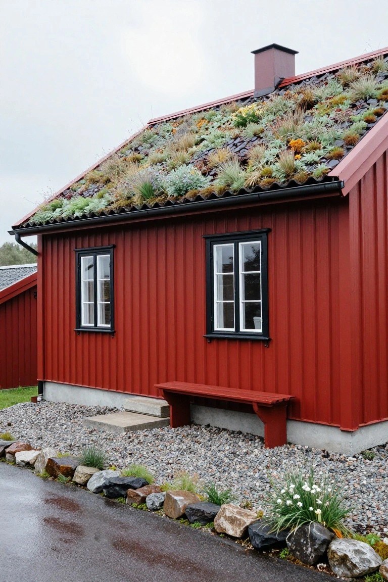 Side view of a red corrugated metal house with a sloped green sedum roof, two white-framed windows, a red wooden bench by concrete steps, gravel ground cover, and rocks edging a wet driveway.