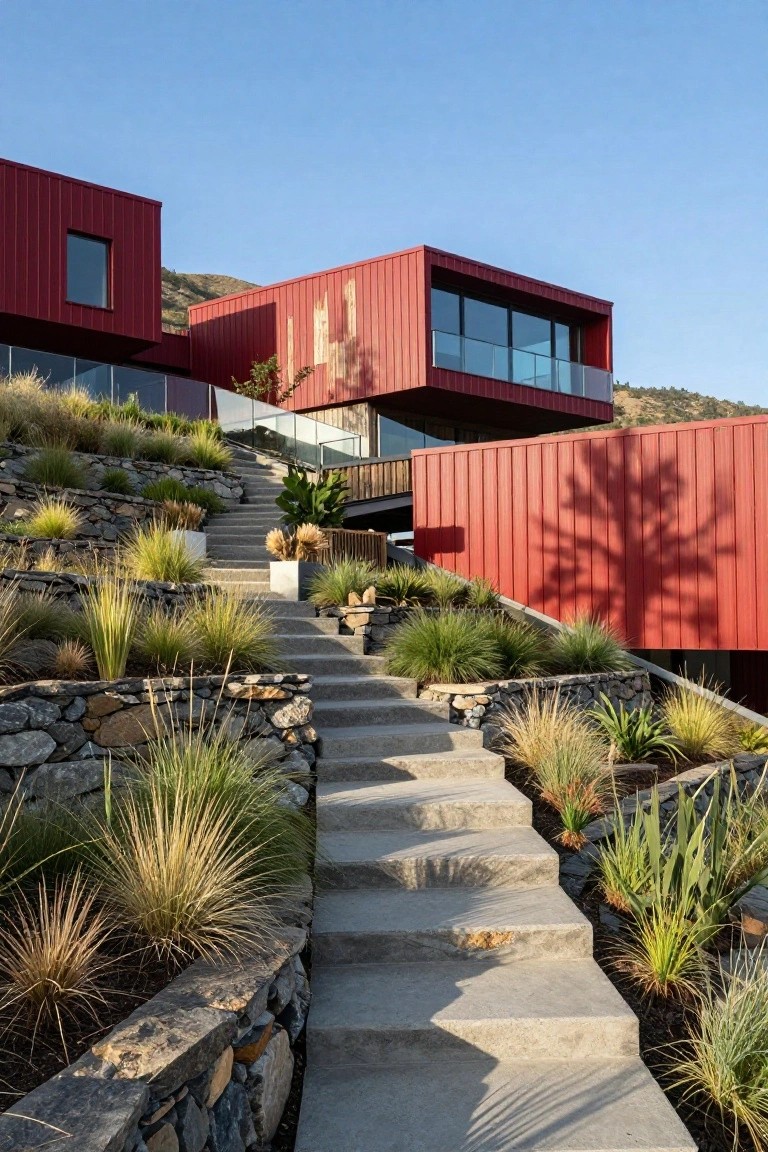 Red corrugated metal modern house with cantilevered sections built into a grassy hillside, concrete stairs rising through stone retaining walls and native plants toward glass-walled entry.