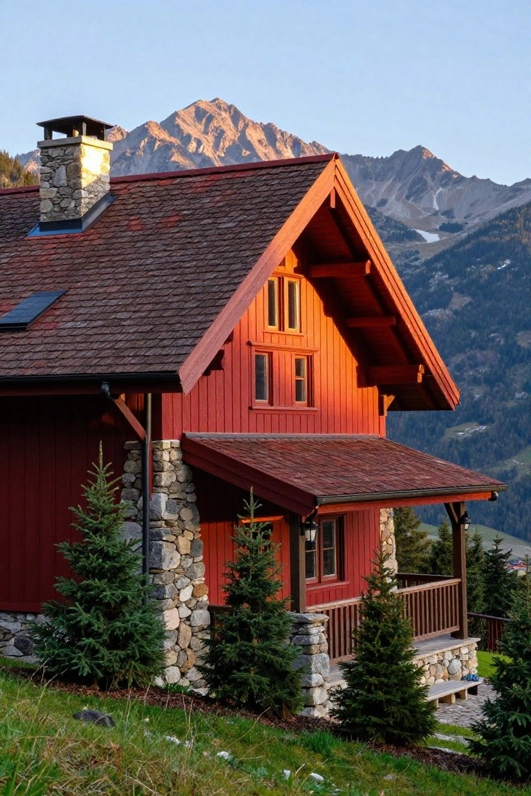 Red wooden chalet house with steep gabled roof, stone chimney and foundation, flanked by small pine trees, on grassy slope with mountain peaks in background.