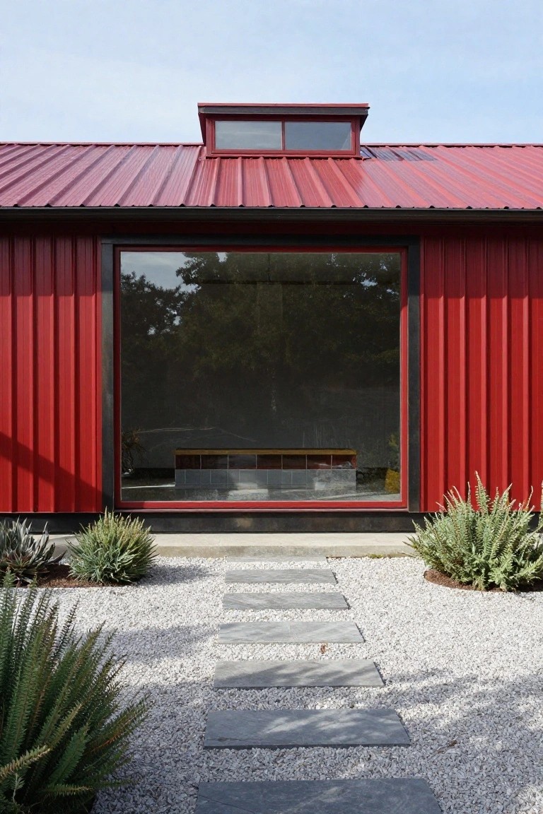 Red corrugated metal house with shed roof and clerestory windows, featuring a large dark-framed window on the front facade, gravel ground cover, stone stepping path, and low succulent plants.