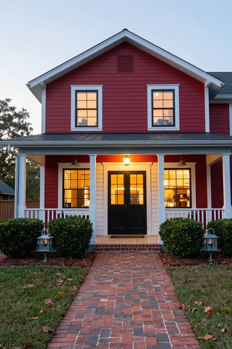 Front view of a two-story red clapboard house with white trim, black metal roof, covered porch with columns and lanterns, black double doors, shrubs on sides, and brick pathway at dusk.