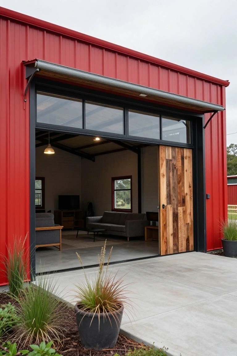 Red metal building with large open garage door of glass panels and reclaimed wood planks revealing interior lounge with gray sofas, TV stand, plants, and potted grasses on concrete apron.