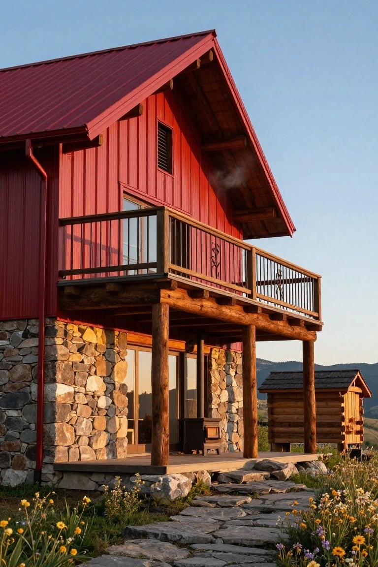 Red metal-sided barn-style house with gabled roof, upper-level balcony, ground-level wooden porch on log posts, stone foundation and steps, wildflowers, stone path, small wooden shed, and distant mountains at sunset.
